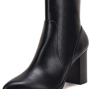 Women's Faux Leather Ankle Boots Chunky Heel Side Zipper Pointed Toe 7.5